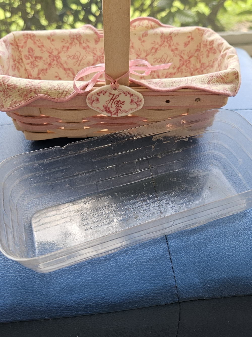 Longaberger Wicker Basket with Pink Floral Liner and Plastic Liner
